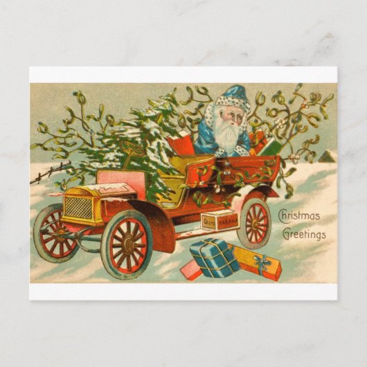 Vintager Weihnachtsmann im Auto mit Geschenken Postkarte (Vorderseite)