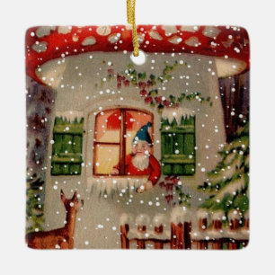 Vintager Weihnachtsmann im Mushroom-Haus Keramikornament