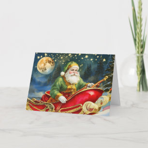 Vintager Weihnachtsmann im Sleigh, Goldener Mond,  Feiertagskarte