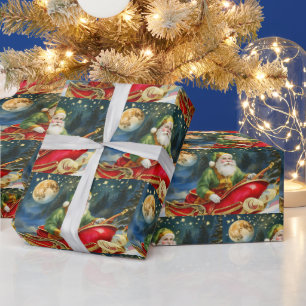 Vintager Weihnachtsmann im Sleigh, Goldener Mond,  Geschenkpapier