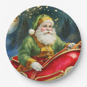 Vintager Weihnachtsmann im Sleigh, Goldener Mond,  Pappteller