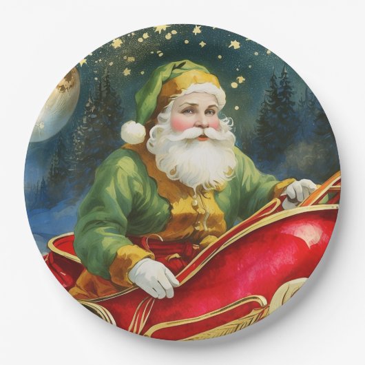 Vintager Weihnachtsmann im Sleigh, Goldener Mond, Pappteller (Vorderseite)