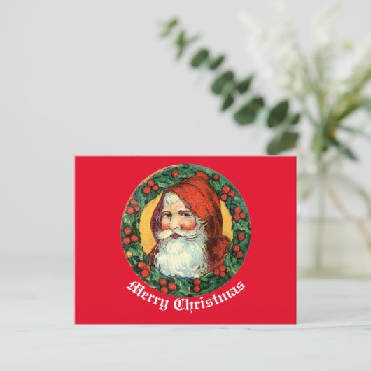 Vintager Weihnachtsmann in Kranz Postkarte (Stehend Vorderseite)