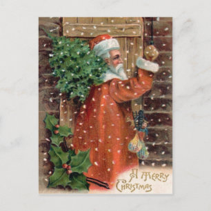 Vintager Weihnachtsmann in Orange Robe - Weihnacht Feiertagspostkarte