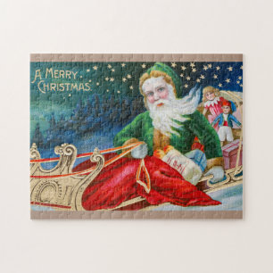 Vintager Weihnachtsmann in Sleigh Frohe Weihnachte Puzzle