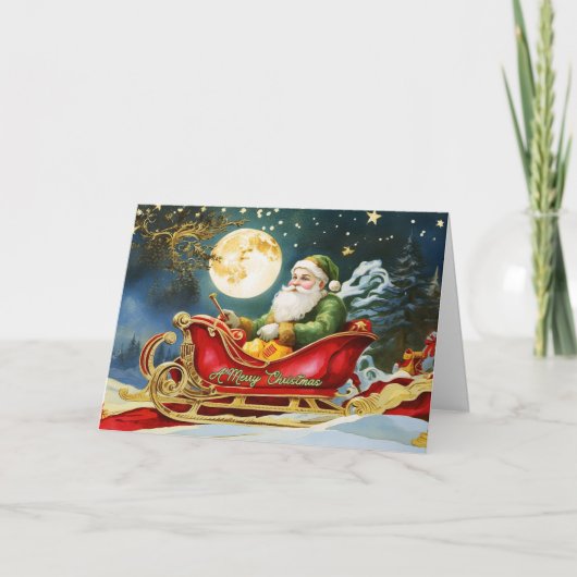 Vintager Weihnachtsmann in Sleigh, Vollmond, Stern Feiertagskarte (Vorderseite)