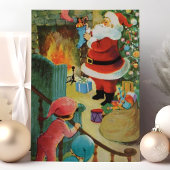 Vintager Weihnachtsmann Kids auf Treppen Feiertagskarte