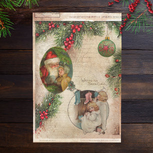 Vintager Weihnachtsmann, Kinder, Kiefer und Holund Seidenpapier