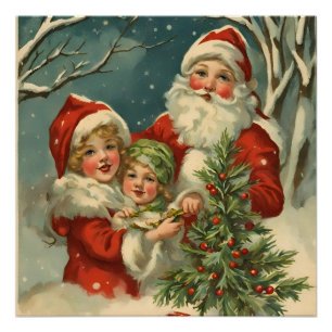 Vintager Weihnachtsmann, Kinder und Weihnachtsbaum Poster