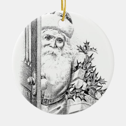 Vintager Weihnachtsmann kommt durch die Tür! Keramikornament (Vorne)