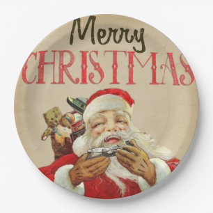 Vintager Weihnachtsmann liefert frohe Weihnachtssp Pappteller