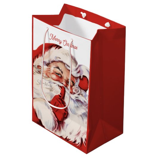 Vintager Weihnachtsmann Merry Christmas Retro Mittlere Geschenktüte (Vorderseite Schrägansicht)