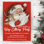 Vintager Weihnachtsmann mit Baby Rudolf Custom Chr Einladung<br><div class="desc">Diese Weihnachtseinladung aus der Mitte des Jahrhunderts zeigt einen fröhlichen Weihnachtsmann,  der sich über seine Liste schaut,  wie ein Baby Rudolf mit den Worten "begleiten Sie uns für ein sehr fröhliches Party" anschaut. Personalisieren Sie diese,  indem Sie Ihre Party-Daten hinzufügen.</div>