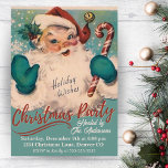 Vintager Weihnachtsmann mit Candy Cane Weihnachts- Einladung<br><div class="desc">Die Weihnachtsweihnachtsfeiertage aus der Mitte des Jahrhunderts sind mit einem feinen Weihnachtsmann mit rotem Hut und bläulich-grünen Fingern,  die einen Bonbons halten,  und hallo mit "Holiday Wishs".</div>