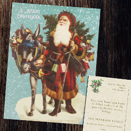 Vintager Weihnachtsmann mit Donkey Tree Toys Feiertagspostkarte