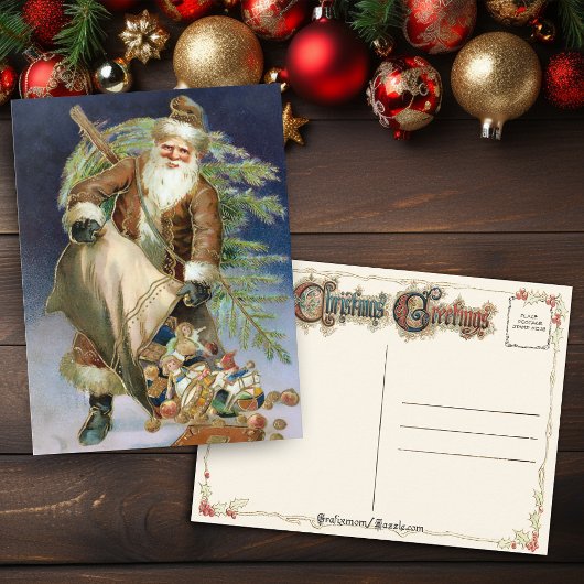 Vintager Weihnachtsmann mit Geschenken Feiertagspostkarte