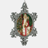 Vintager Weihnachtsmann mit Geschenken Schneeflocken Zinn-Ornament (Links)