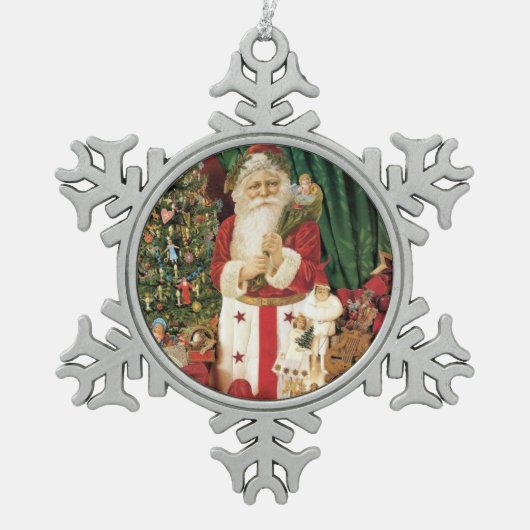 Vintager Weihnachtsmann mit Geschenken Schneeflocken Zinn-Ornament (Vorderseite)