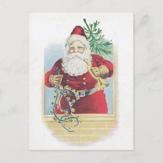 Vintager Weihnachtsmann mit Glocken und Horn Postkarte (Vorderseite)