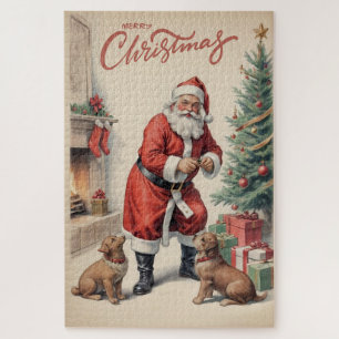 Vintager Weihnachtsmann mit Hunden frohe Weihnacht Puzzle