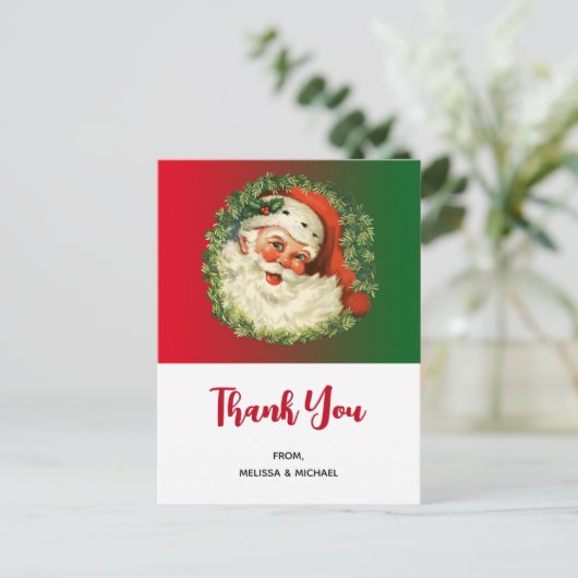 Vintager Weihnachtsmann mit Kiefernkranz Danke Postkarte (Stehend Vorderseite)