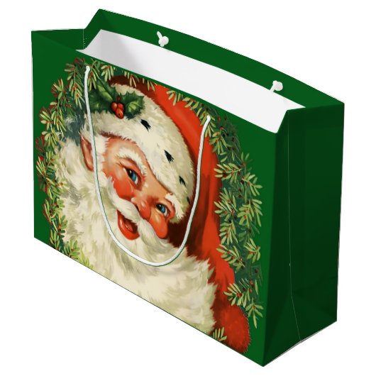 Vintager Weihnachtsmann mit Kiefernwald Große Geschenktüte (Rückseite Schrägansicht)