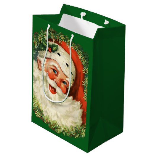 Vintager Weihnachtsmann mit Kiefernwald Mittlere Geschenktüte (Rückseite Schrägansicht)