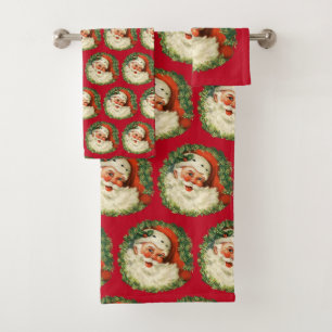 Vintager Weihnachtsmann mit Kiefernwaldmuster Badhandtuch Set