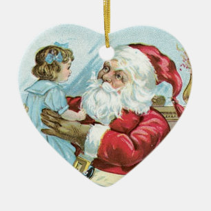 Vintager Weihnachtsmann mit Kind - Herz Keramikornament