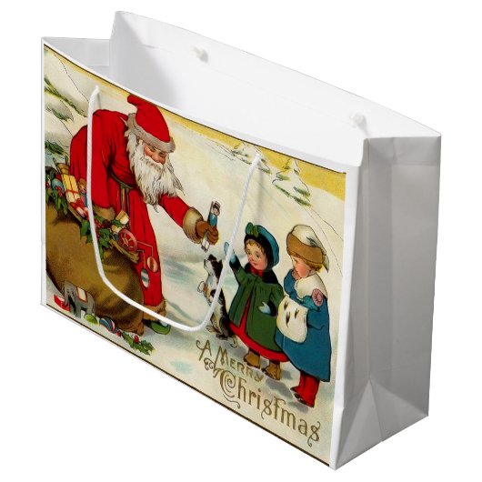 Vintager Weihnachtsmann mit Kindern Große Geschenktüte (Vorderseite Schrägansicht)