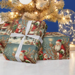 Vintager Weihnachtsmann mit Kindern, Rentieren und Geschenkpapier