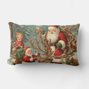 Vintager Weihnachtsmann mit Kindern, Rentieren und Lendenkissen
