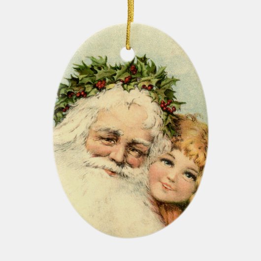 Vintager Weihnachtsmann mit Kinderschmuck Keramik Ornament (Vorne)