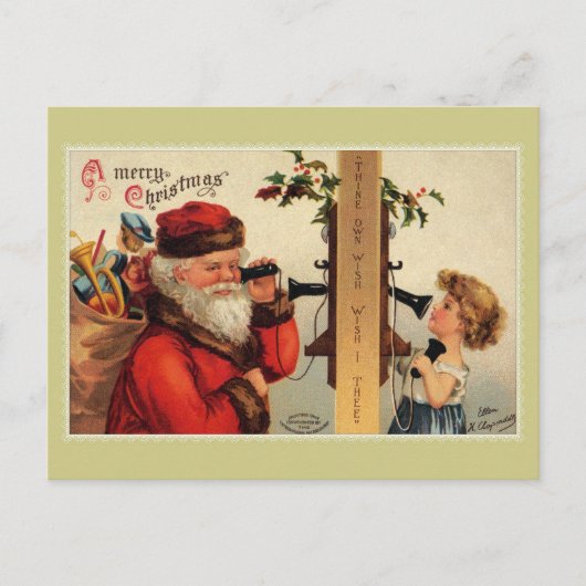 Vintager Weihnachtsmann mit Kindertelefon Postkarte (Vorderseite)
