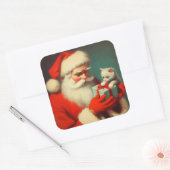 Vintager Weihnachtsmann mit Kitten Retro Niedlich Quadratischer Aufkleber (Umschlag)