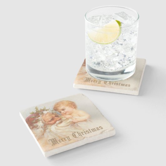 Vintager Weihnachtsmann mit lächelndem Kind Steinuntersetzer (Seitenansicht)