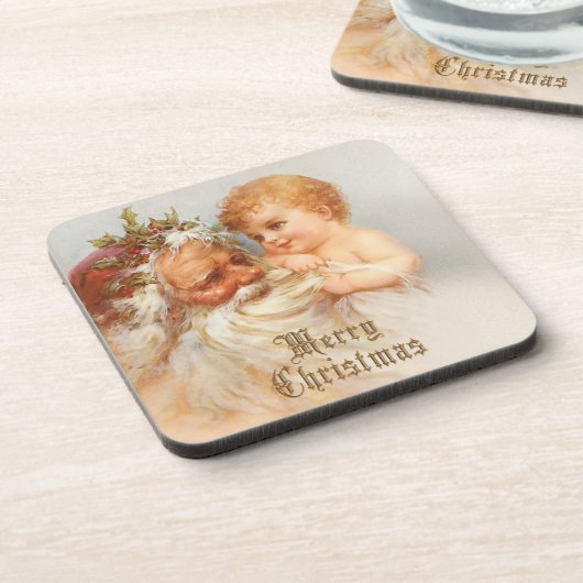 Vintager Weihnachtsmann mit lächelndem Kind Untersetzer (Linke Seite)