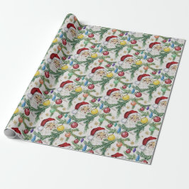 Vintager Weihnachtsmann mit Ornamenten und Kiefern Geschenkpapier