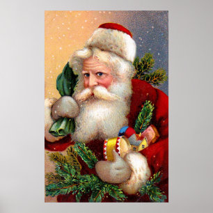 Vintager Weihnachtsmann mit Spielwaren und den Poster