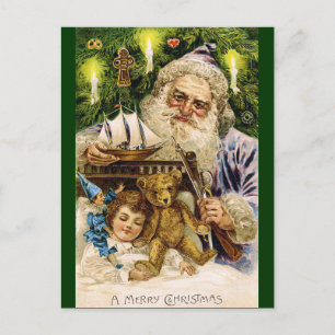 Vintager Weihnachtsmann mit Teddy und Schiff Feiertagspostkarte