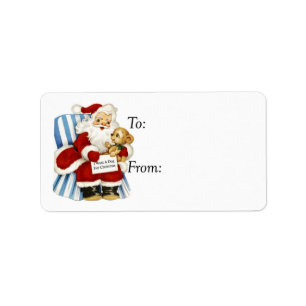 Vintager Weihnachtsmann mit Welpengeschenk-Tag Adressaufkleber