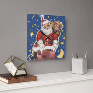 Vintager Weihnachtsmann, Nacht vor Weihnachten Quadratische Wanduhr