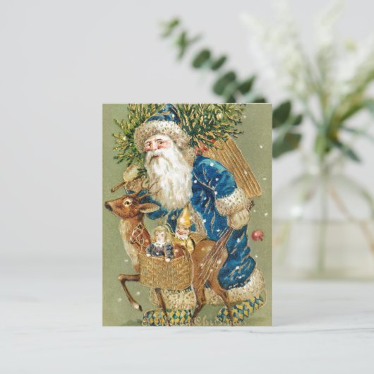 Vintager Weihnachtsmann Reindeer Postkarte (Stehend Vorderseite)