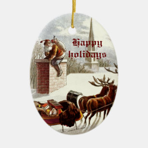 Vintager Weihnachtsmann Rentierfisch Sleigh Keramik Ornament