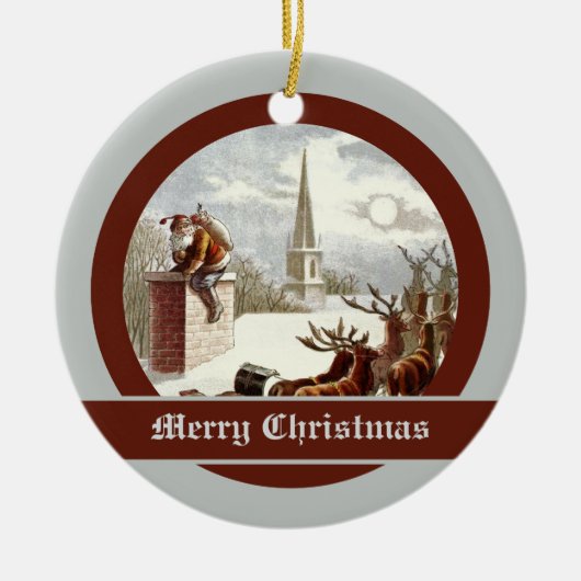 Vintager Weihnachtsmann Rentierfisch Sleigh Keramikornament (Vorne)