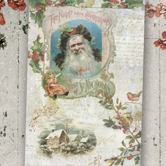 Vintager Weihnachtsmann, Rustikale Landschaft und  Seidenpapier