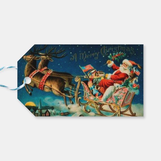 Vintager Weihnachtsmann Sleigh Weihnachten Geschenkanhänger (Rückseite Horizontal)
