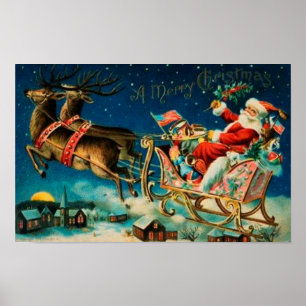 Vintager Weihnachtsmann Sleigh Weihnachten Poster