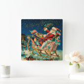 Vintager Weihnachtsmann Sleigh Weihnachten Quadratische Wanduhr (Zuhause)
