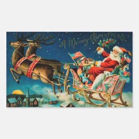 Vintager Weihnachtsmann Sleigh Weihnachten Rechteckiger Aufkleber (Vorderseite)